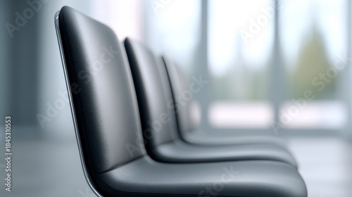 Minimalist Waiting Area: Three sleek, black chairs arranged in a row. The focus lies on the clean lines and understated design.