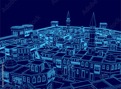 A detailed blueprint of an Arabic city with a mosque at its center, set on a dark blue background. Each building contour features unique architectural details.