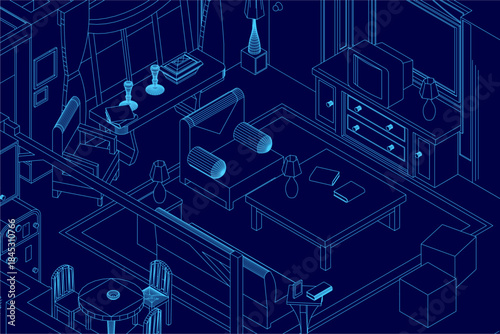 A cozy apartment living room blueprint with furniture contours, including a sofa, chairs, lamps, and a television. The layout creates a warm and inviting atmosphere for relaxation.