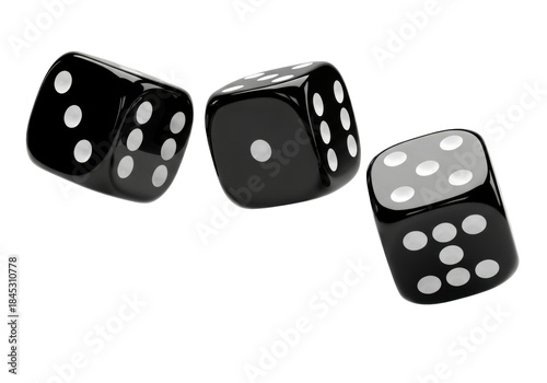 three glossy black acrylic casino dice with stark white pips frozen mid-tumble, isolated on a transparent background with sharp highlights, concept of chance, fate, and high stakes