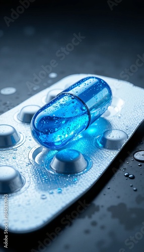 shot presents blue pill capsule-shaped medications encased in a clear blister pack, resting atop a textured metallic blue base in dark background
