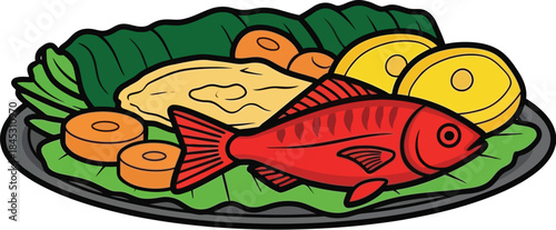 Plate of food with red fish illustration isolated on transparent background