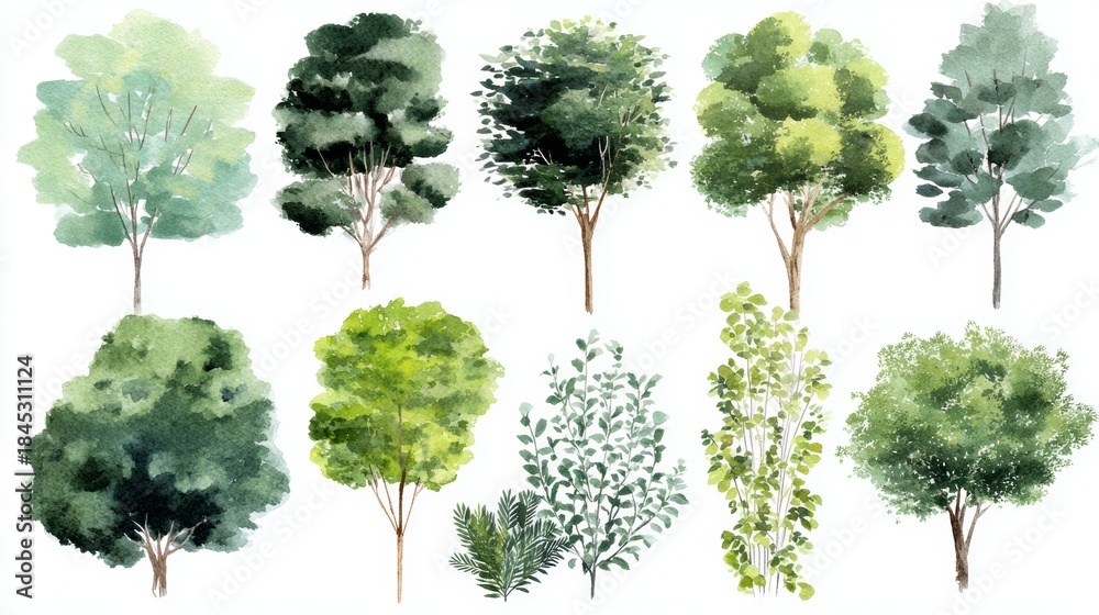 Fototapeta premium Watercolor illustrations of diverse tree species with green foliage and natural shapes for botanical, landscape, and artistic design projects