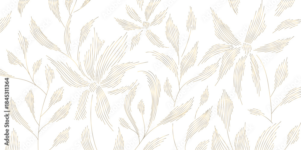 Naklejka premium Luxury botanical vector background with golden palm leaves, floral line art, elegant tropical pattern, modern Art Deco design. Summer wallpaper, spa card, wedding template.
