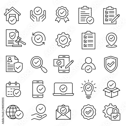 Checkmark icon set. Check mark icons. Checklist, survey, agreement, arrow, approved, correct, vote, bulb, document, hand, shield, schedule, pencil, checkbox, certificate, test, magnifying glass, tick.