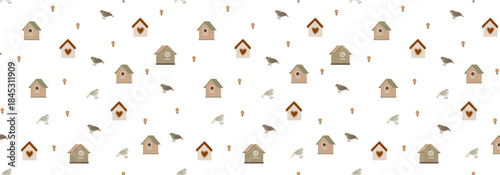 Spring background for gift wrapping and decoration. Wallpaper with birds and birdhouses Birdhouses Vector seamless pattern