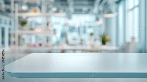 Empty workspace: A clean, inviting table with subtle curvature dominates the foreground, offering a fresh, minimalist aesthetic. The blurred backdrop reveals a modern office environment.