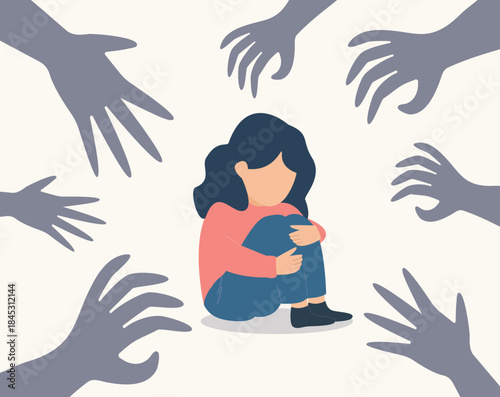 Crying Woman Victim of Bullying and Abuse – Sad Lonely girl Facing Anxiety, Depression and Mental Health Struggles. Stop Violence and Cyberbullying. Vector Illustration