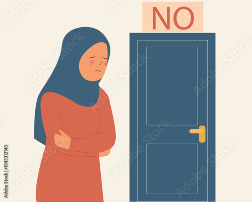 Muslim woman wearing a hijab stands sadly beside a closed door with a “No” sign, symbolizing rejection, discrimination, exclusion, and denial. social and professional barriers. Vector illustration