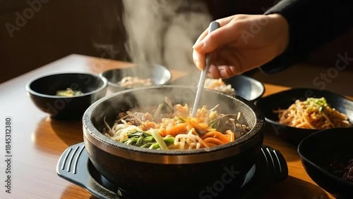 Steaming Hot Korean Bibimbap Served in a Stone Bowl.