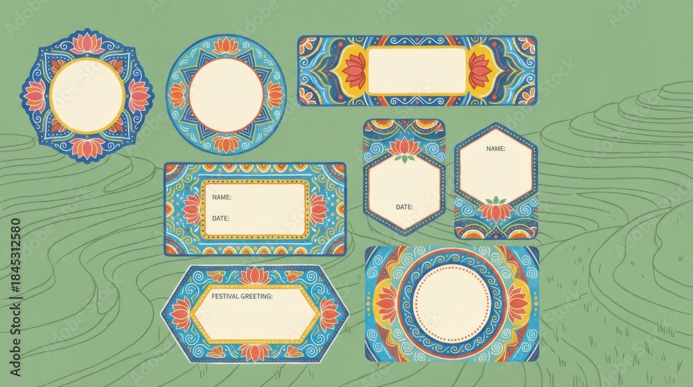 Fototapeta premium label sheet template dances with vibrant rangoli blooms on a soft green paddy canvas