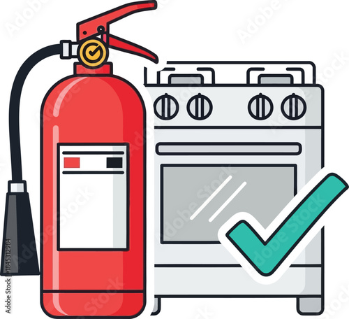 Fire extinguisher and stove with checkmark for kitchen safety isolated on transparent background