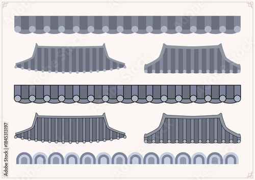 Tablou pe pânză Vector illustration of traditional Korean tiled roofs.