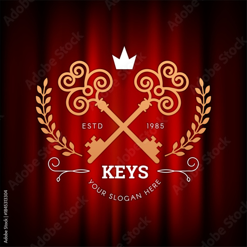 Luxury background. royal red curtains with heraldic label and keys. template with place for text