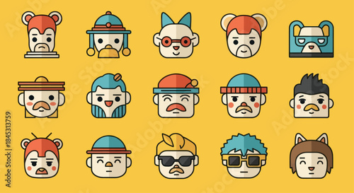 Collection of diverse cartoon character avatars with unique facial features.