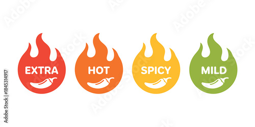 Spicy Food Icons Set with Flame Levels from Mild to Extra Hot