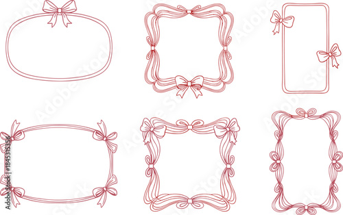 Cartoon decorative ribbon frame set featuring bows and loops in red outline for festive, invitation, and scrapbook design