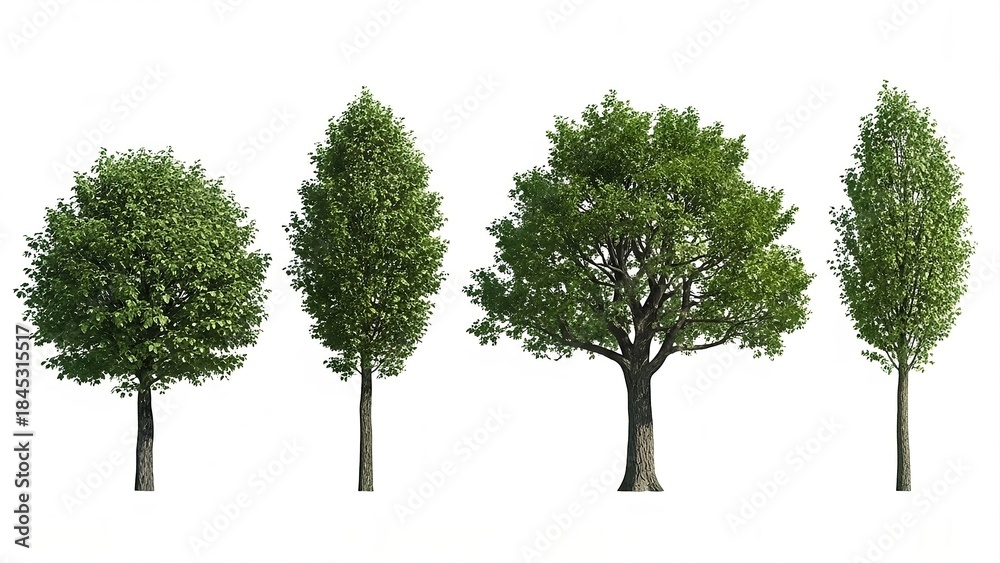 Fototapeta premium Four Green Deciduous Trees in Various Shapes on White Background foliage leaves