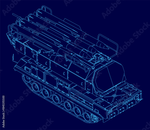 Detailed blueprint of a military tank with visible tracks and turret, featuring a rocket launcher contour against a stark blue background. Isometric view