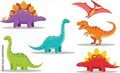 Cartoon dinosaurs in playful poses and bright colors, perfect for kids’ educational materials, games, and prehistoric-themed designs.