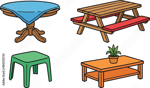 Set of Four Different Wooden and Plastic Furniture Items for Indoor and Outdoor Use