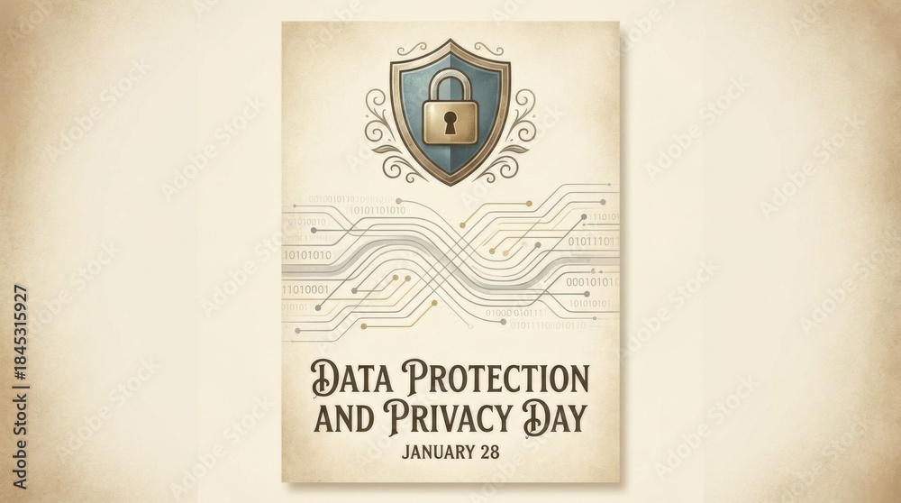 Fototapeta premium classic data protection and privacy day vertical poster template illustration template featuring shield and lock icons above abstract data lines on light neutral background with subtle vignette