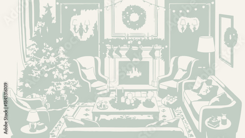 Cozy living room decorated for Christmas with a fireplace and tree festive holiday interior scene