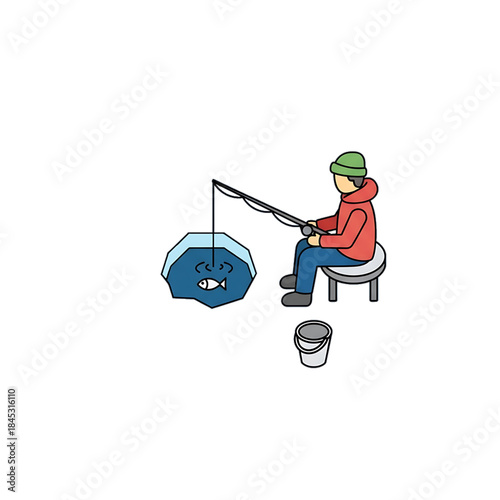 Person ice fishing on a frozen lake.