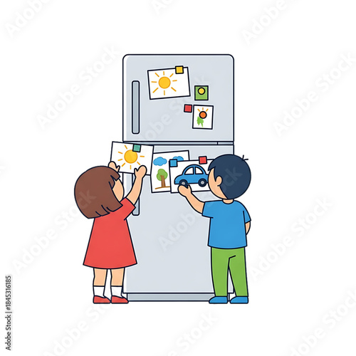 Children decorating a refrigerator with magnets.