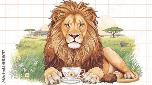 Whimsical Illustration of a Friendly Lion Enjoying a Cup of Tea in a Vibrant African Savanna Landscape