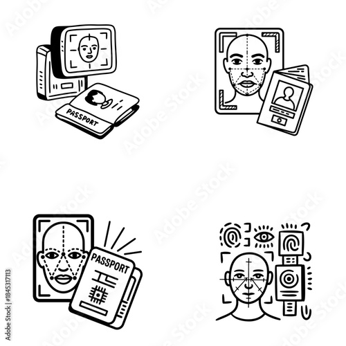 Passport with biometric data, fingerprint, iris scanner. Vector set of linear doodle sketches
