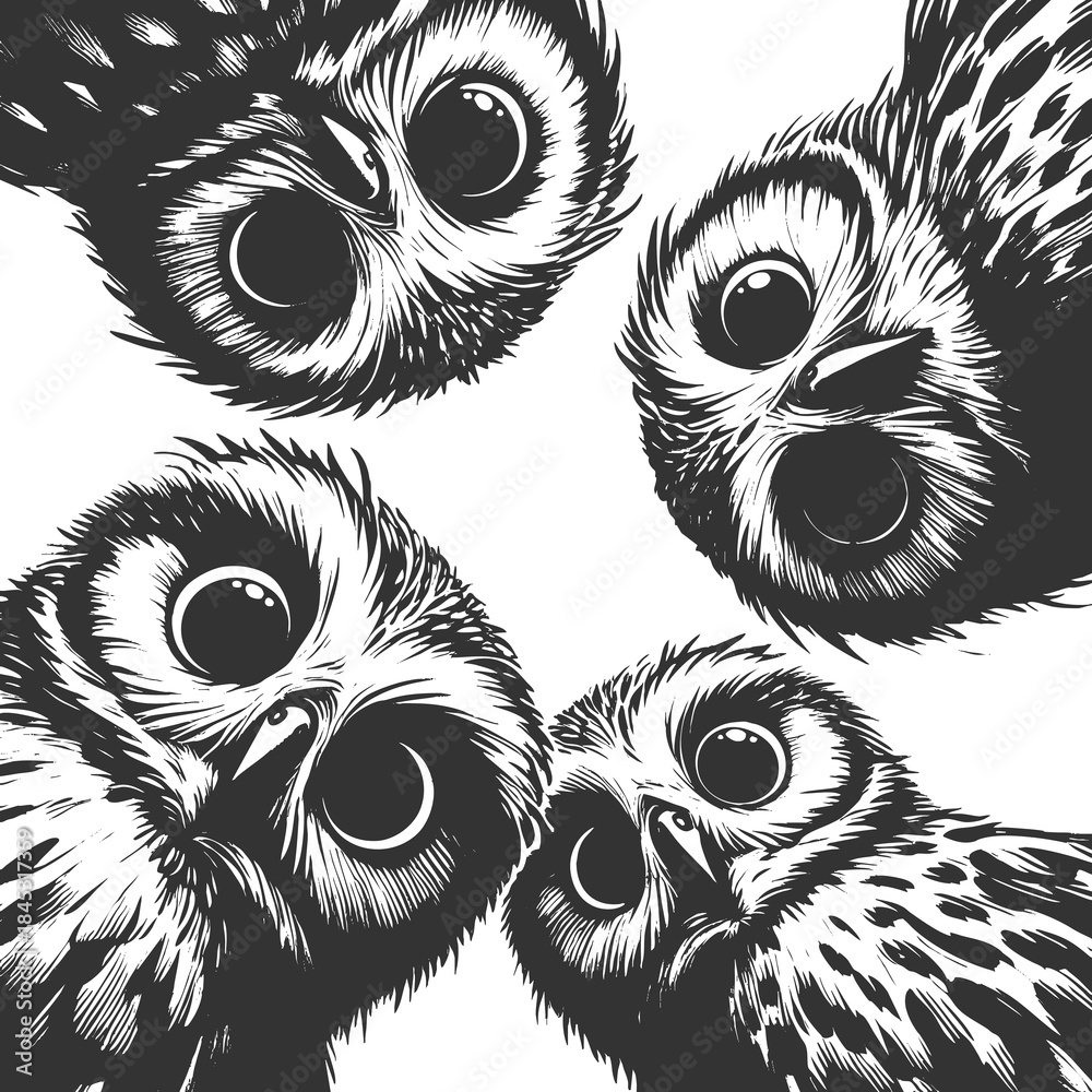 Obraz premium wide-eyed owls peeking downward with expressive faces sketch engraving generative ai raster illustration. Scratch board imitation. Black and white image.