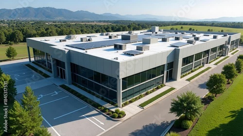 Modern data center building exterior with clean lines and solar panels on roof