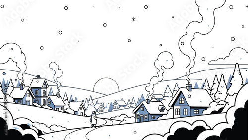 Snowy village scene with houses and trees on a winter day