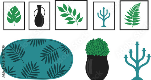 Cartoon home decor and framed artwork set featuring botanical and minimalist elements for interior design and lifestyle use