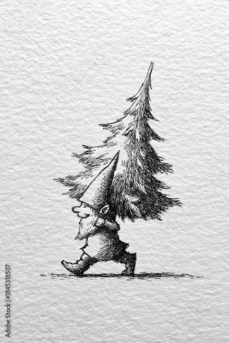 Whimsical Bearded elf Carrying A Christmas Tree On His Back In Bold Ink Illustration