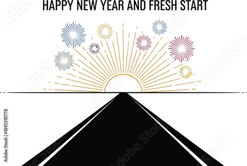 New Year fresh start road to success with fireworks sunrise
