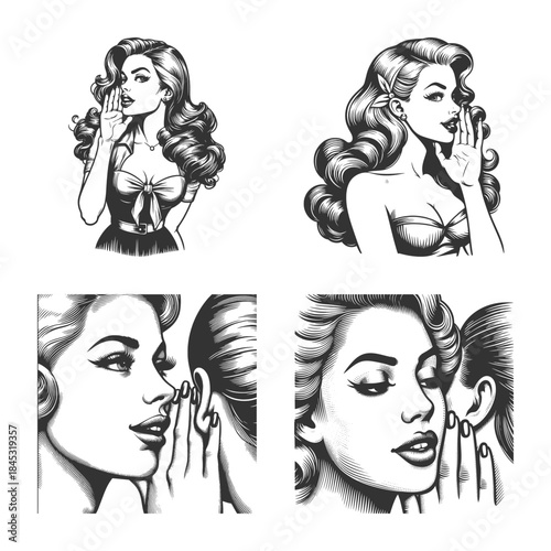 pin-up women gossiping, whispering secrets, and sharing surprises in expressive and playful poses Set collection bundle sketch engraving generative ai vector illustration. Scratch board imitation. 