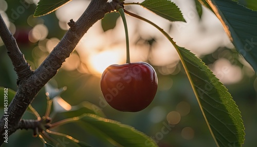 Close up of a ripe red cherry hanging from a tree branch bathed in the warm golden light of sunset with soft bokeh background