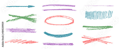 Crayon drawn brushstrokes set. Pencil brush stroke lines and strikethrough streaks. Hand drawn kid textured rough stripe, emphasis freehand elements. Arrow, highlights, oval. Vector crayon separators.