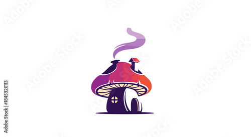 Whimsical mushroom cottage with a curved chimney and tiny door sits in a sunlit clearing as a curling plume of smoke rises above and adds magic to the scene.