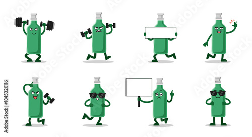 Cheerful green bottle characters perform fitness actions such as lifting weights running holding signs posing and wearing sunglasses in a playful scene.