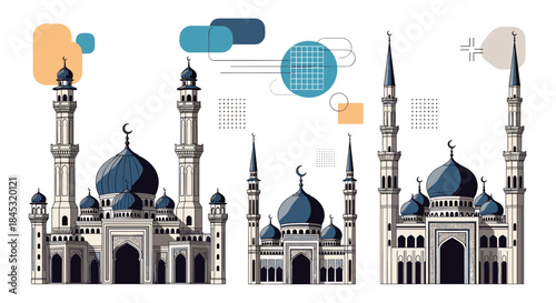 Iconic architectural panorama of grand mosques with blue domes and tall minarets towering above a stylized skyline under a decorative abstract sky.