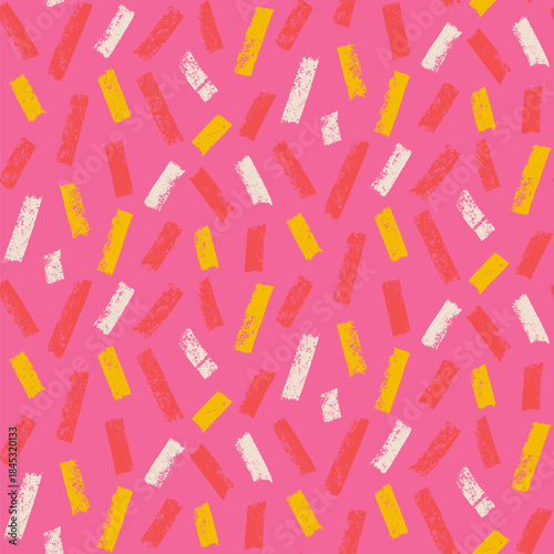 Small dash lines sprinkle seamless pattern pink confetti. Surface pattern design handmade candy ice cream dessert motif. Hand drawn mini streaks kid texture. Vector repeat background illustration.