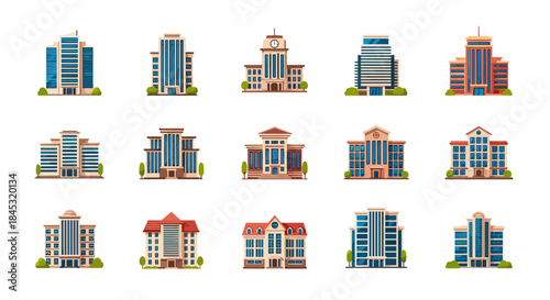 Colorful modern office buildings and urban houses presented as uniform vector icons arranged in a tidy grid with varied architectural styles.