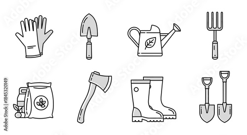 Gardening tool set featuring gloves trowel watering can garden fork bag of soil axe boots and shovels arranged for planting and outdoor upkeep.