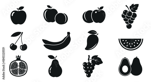 Collection of black silhouette fruit icons showing apples cherries bananas grapes watermelon pomegranate pears and avocados.