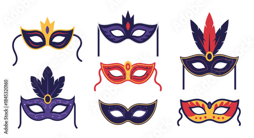 Vibrant collection of decorative masquerade masks with colorful feathers ribbons and ornate patterns ready for a festive carnival celebration.