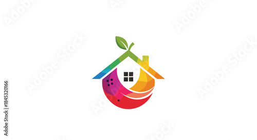 Colorful eco friendly house logo with a leafy roof and curved rainbow shapes illustrating sustainable living and vibrant community design.