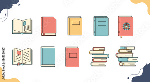 Bright illustration featuring a variety of colorful books open and closed with stacks and decorative elements creating a playful study scene.